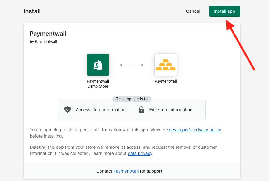 Shopify Paymentwall installation - install app