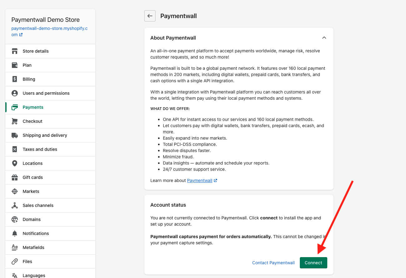 Shopify Paymentwall installation - connect
