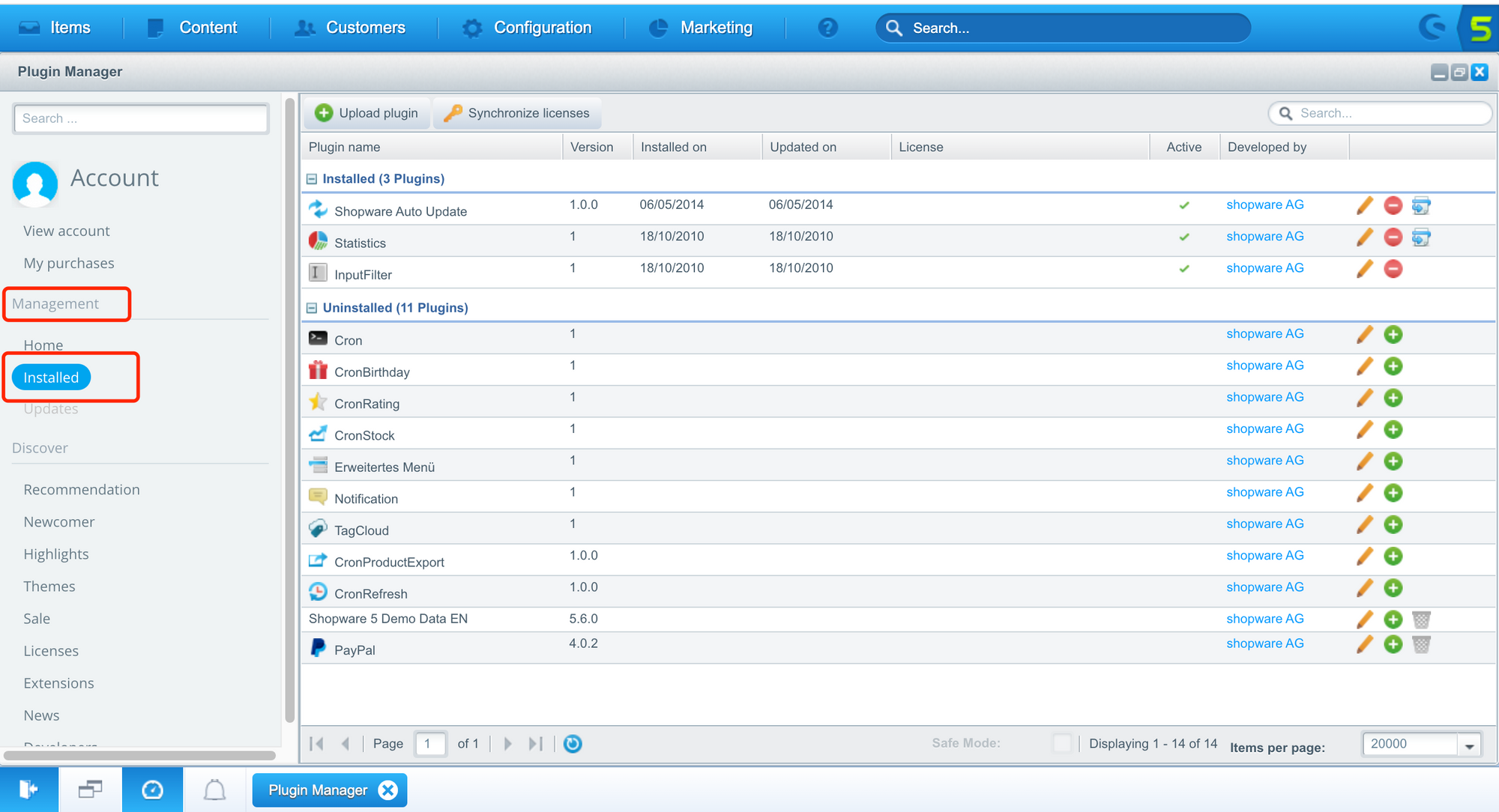 Shopware plugin manager menu