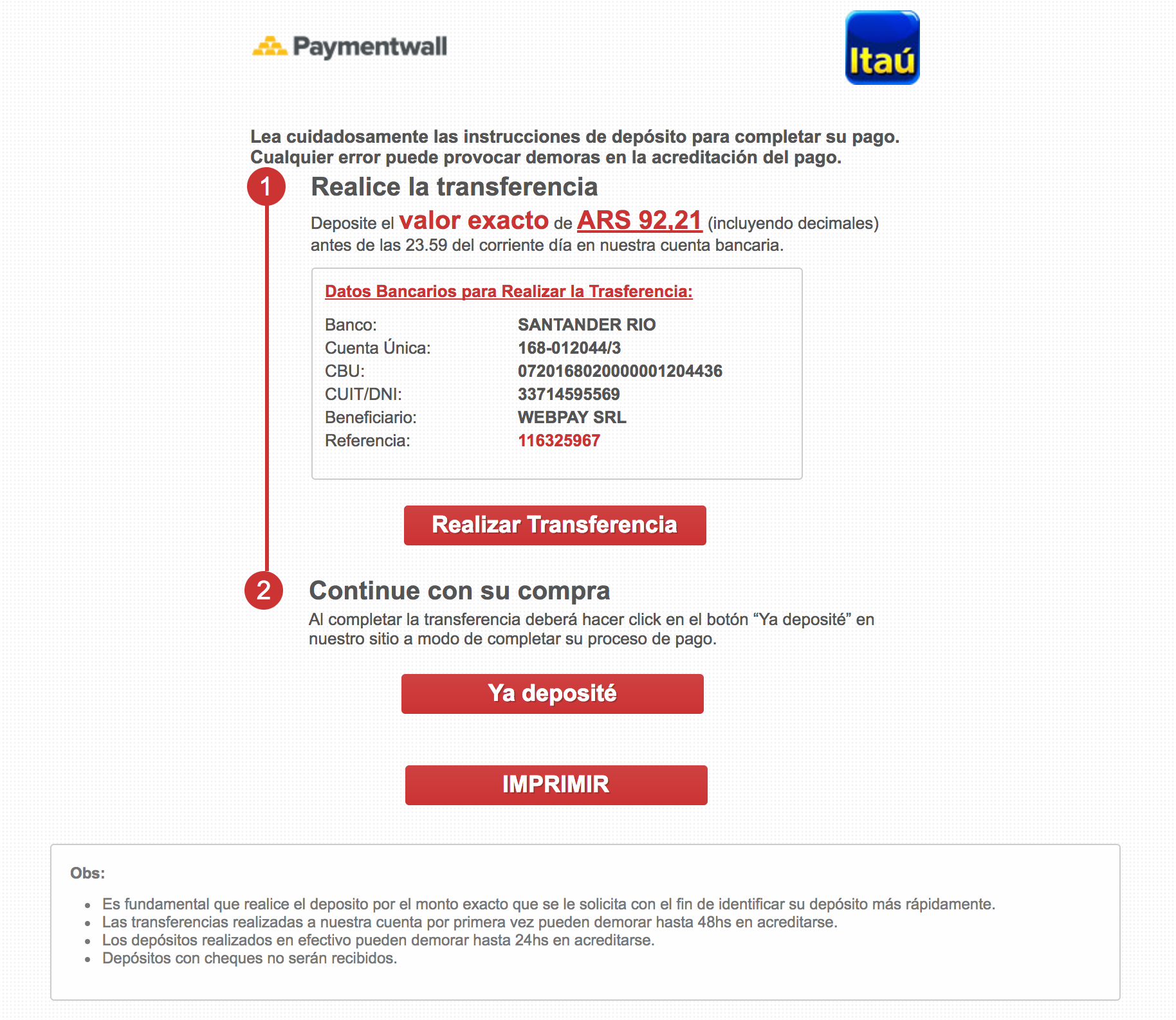 Payment Method - Bank Transfer Argentina