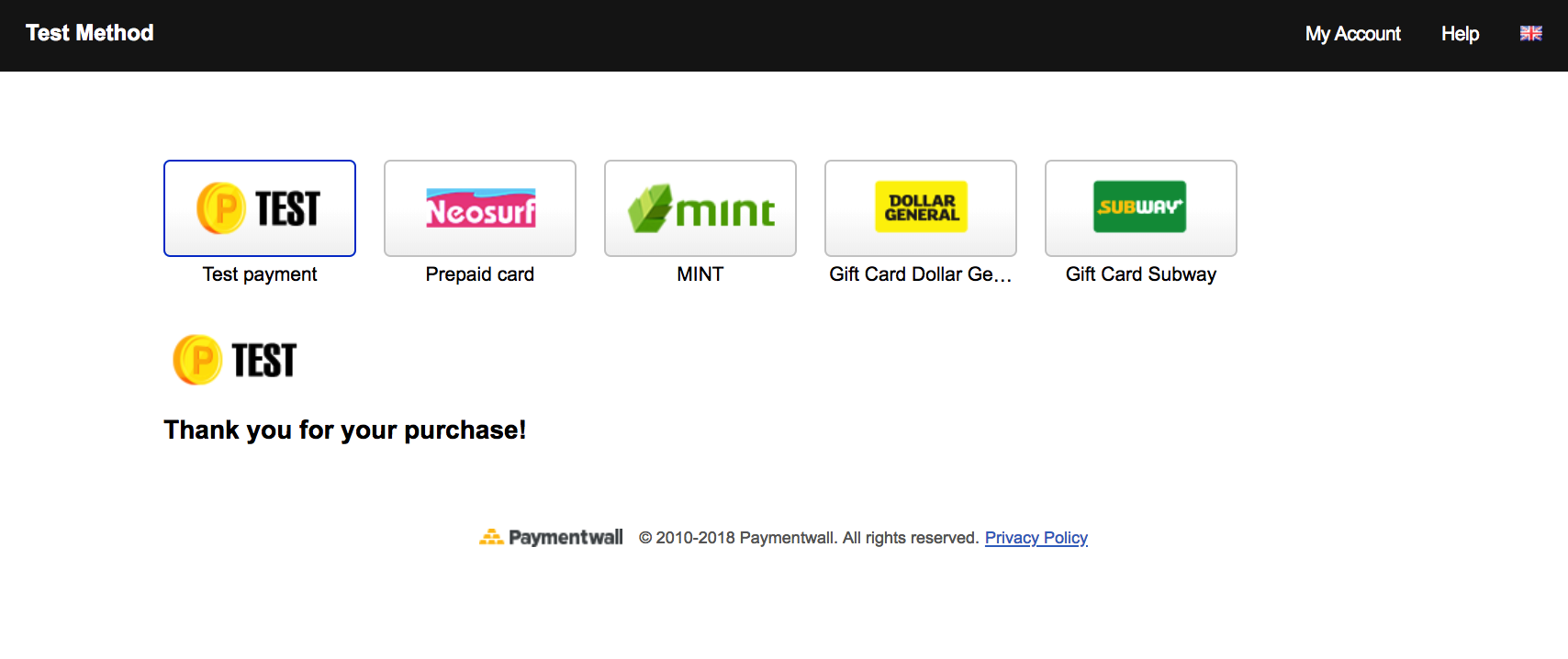 Test Payment Method thank you page